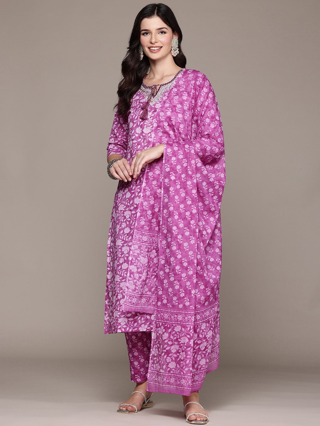 Straight Style Cotton Fabric Purple Color Kurta And Bottom With Dupatta