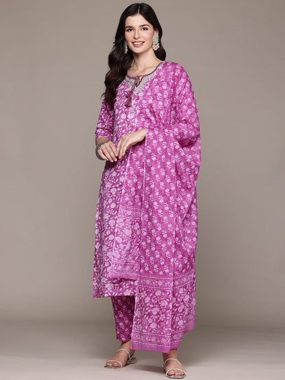 Straight Style Cotton Fabric Purple Color Kurta And Bottom With Dupatta