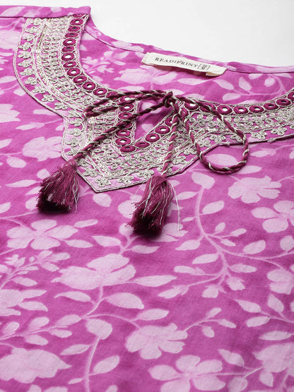 Straight Style Cotton Fabric Purple Color Kurta And Bottom With Dupatta