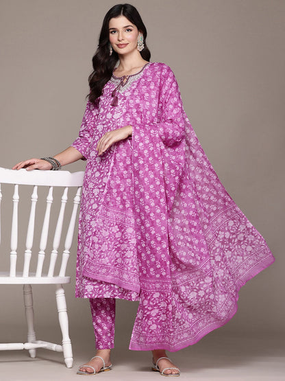 Straight Style Cotton Fabric Purple Color Kurta And Bottom With Dupatta