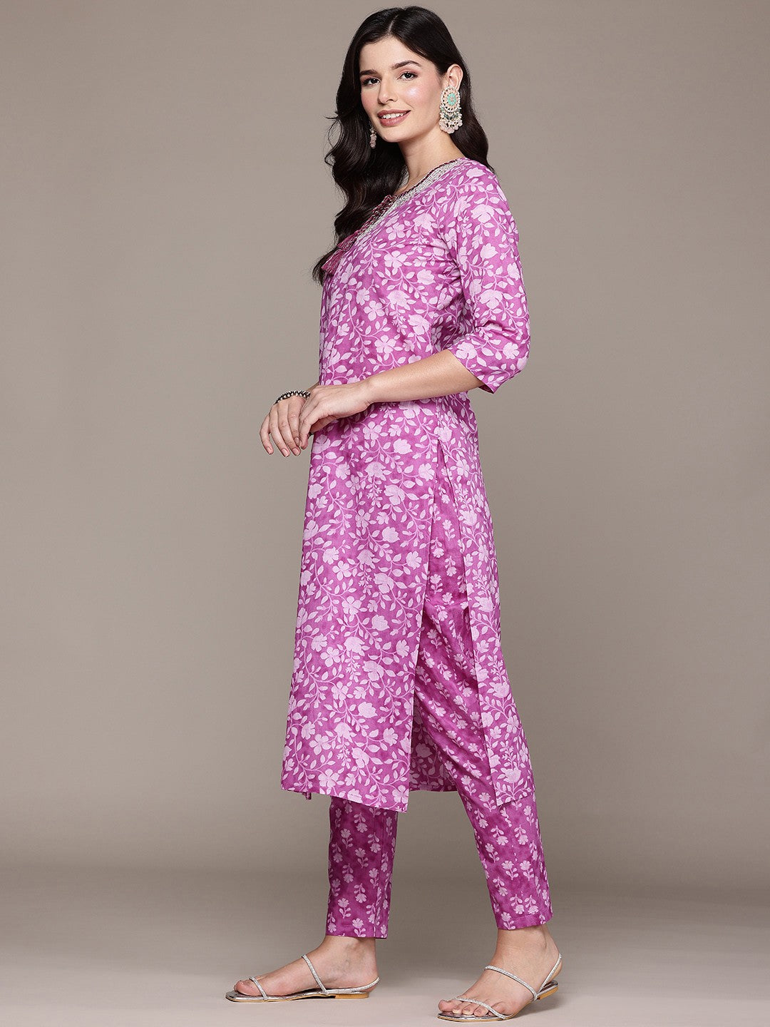 Straight Style Cotton Fabric Purple Color Kurta And Bottom With Dupatta