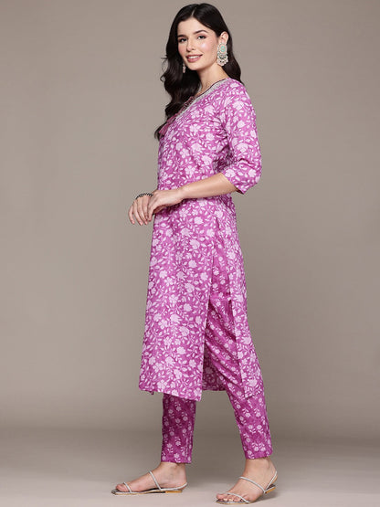 Straight Style Cotton Fabric Purple Color Kurta And Bottom With Dupatta
