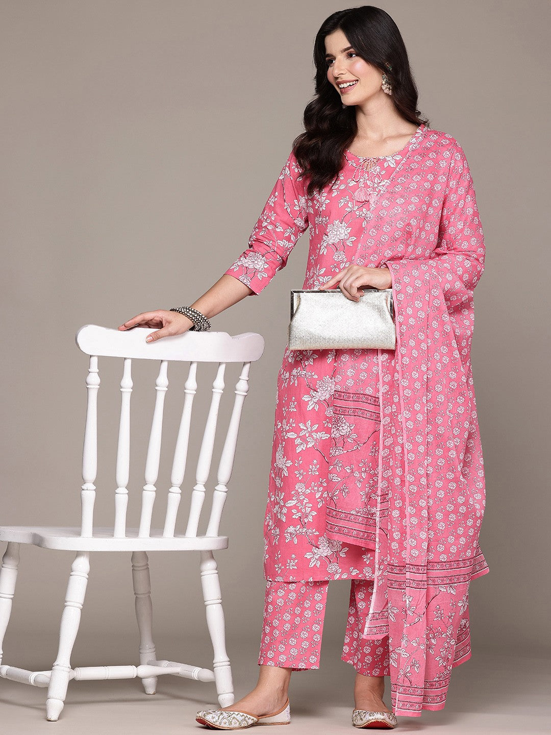 Straight Style Cotton Fabric Pink Color Kurta And Bottom With Dupatta