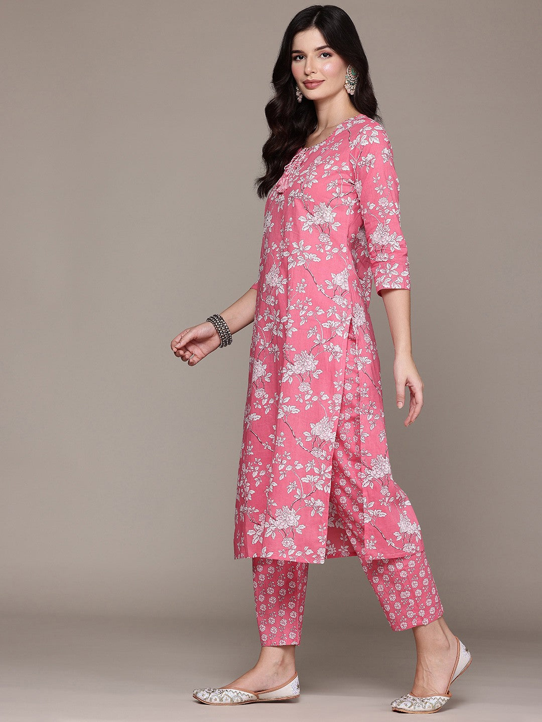 Straight Style Cotton Fabric Pink Color Kurta And Bottom With Dupatta