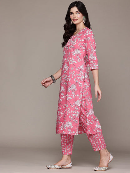 Straight Style Cotton Fabric Pink Color Kurta And Bottom With Dupatta