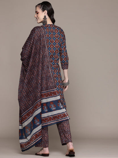 Straight Style Cotton Fabric Navy Blue Color Kurta And Bottom With Dupatta