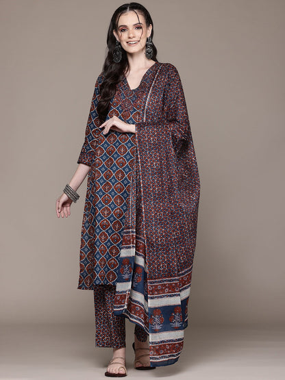 Straight Style Cotton Fabric Navy Blue Color Kurta And Bottom With Dupatta