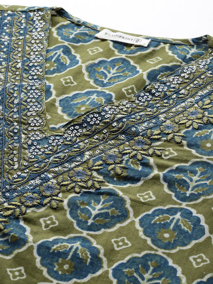 Straight Style Cotton Fabric Olive Color Kurta And Bottom With Dupatta
