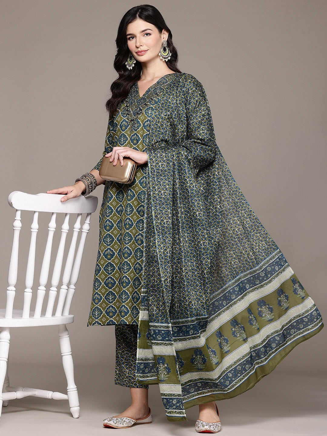 Straight Style Cotton Fabric Olive Color Kurta And Bottom With Dupatta