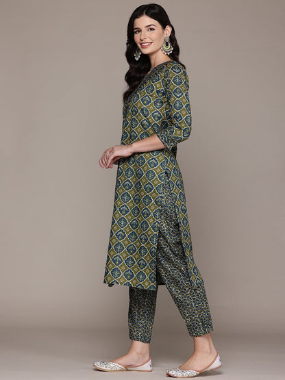 Straight Style Cotton Fabric Olive Color Kurta And Bottom With Dupatta