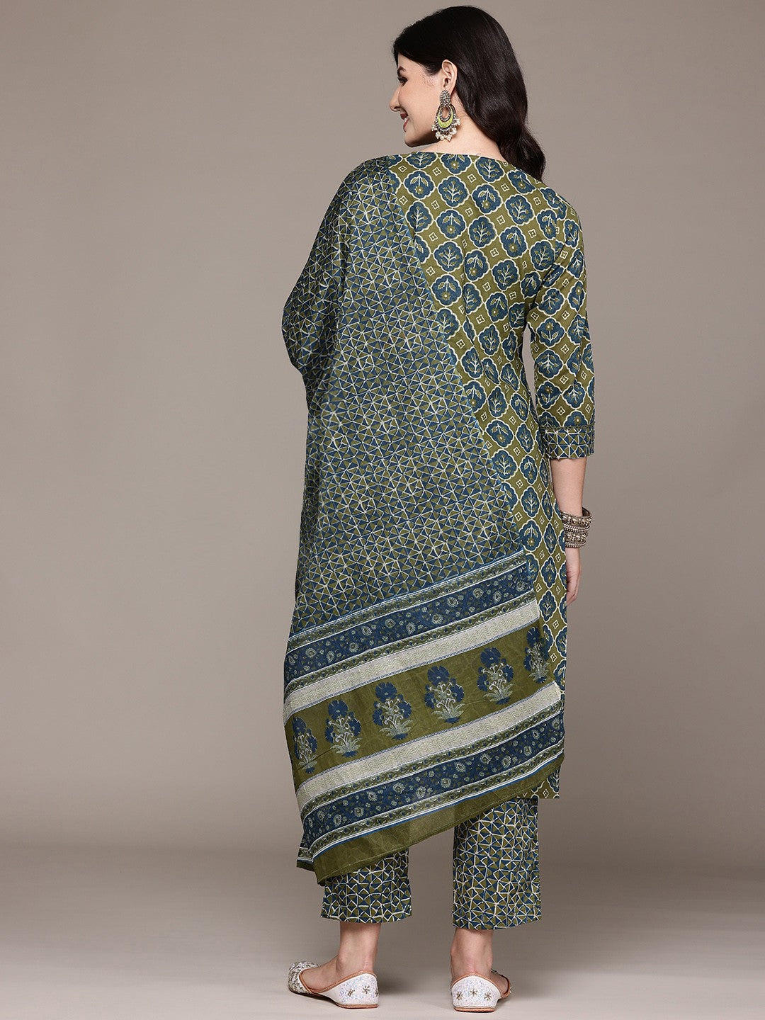 Straight Style Cotton Fabric Olive Color Kurta And Bottom With Dupatta
