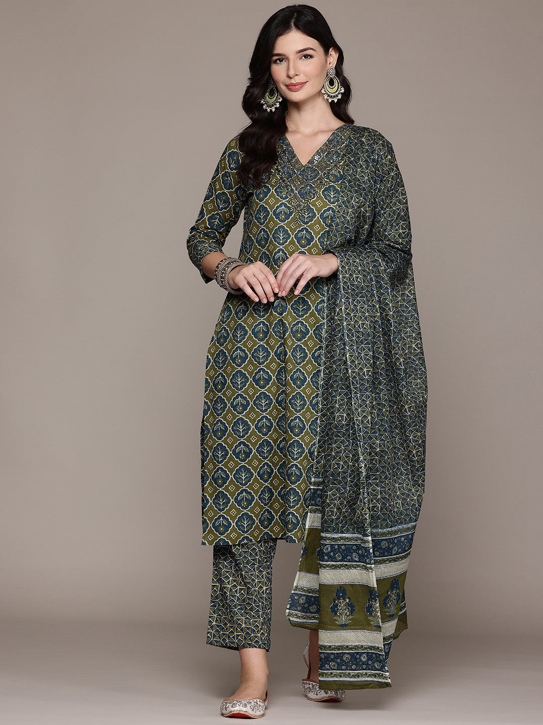Straight Style Cotton Fabric Olive Color Kurta And Bottom With Dupatta