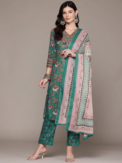 Straight Style Cotton Fabric Sea Green Color Kurta And Bottom With Dupatta