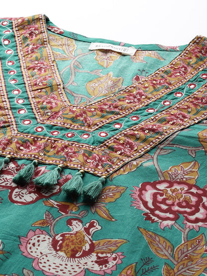 Straight Style Cotton Fabric Sea Green Color Kurta And Bottom With Dupatta