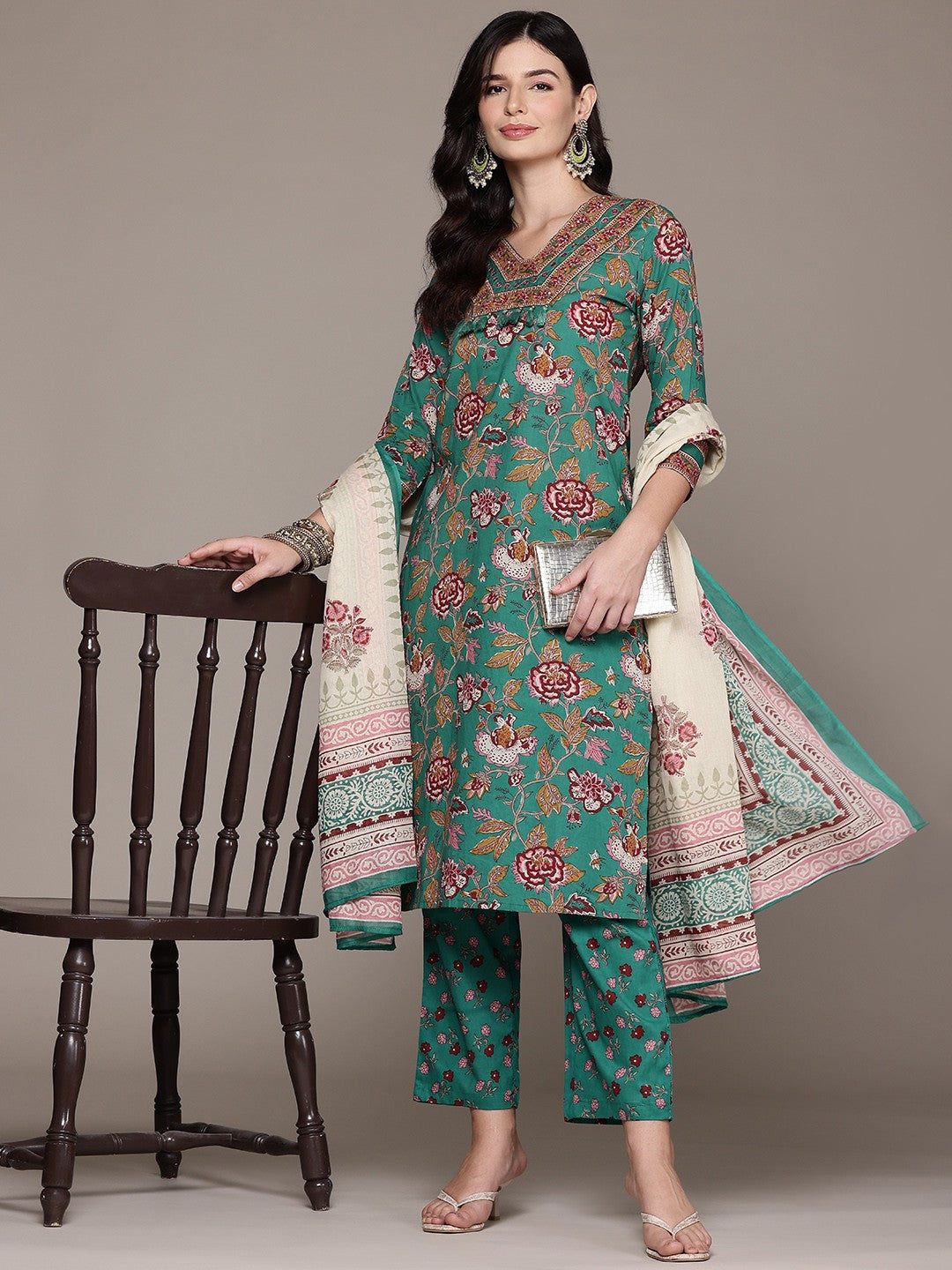 Straight Style Cotton Fabric Sea Green Color Kurta And Bottom With Dupatta