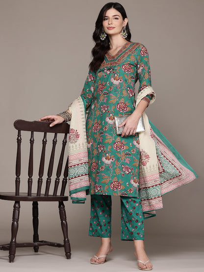 Straight Style Cotton Fabric Sea Green Color Kurta And Bottom With Dupatta
