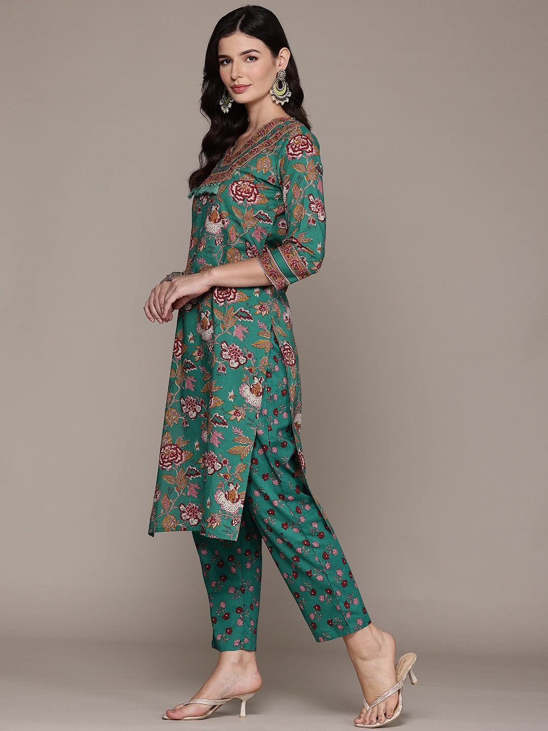 Straight Style Cotton Fabric Sea Green Color Kurta And Bottom With Dupatta