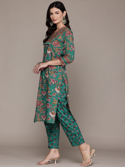Straight Style Cotton Fabric Sea Green Color Kurta And Bottom With Dupatta
