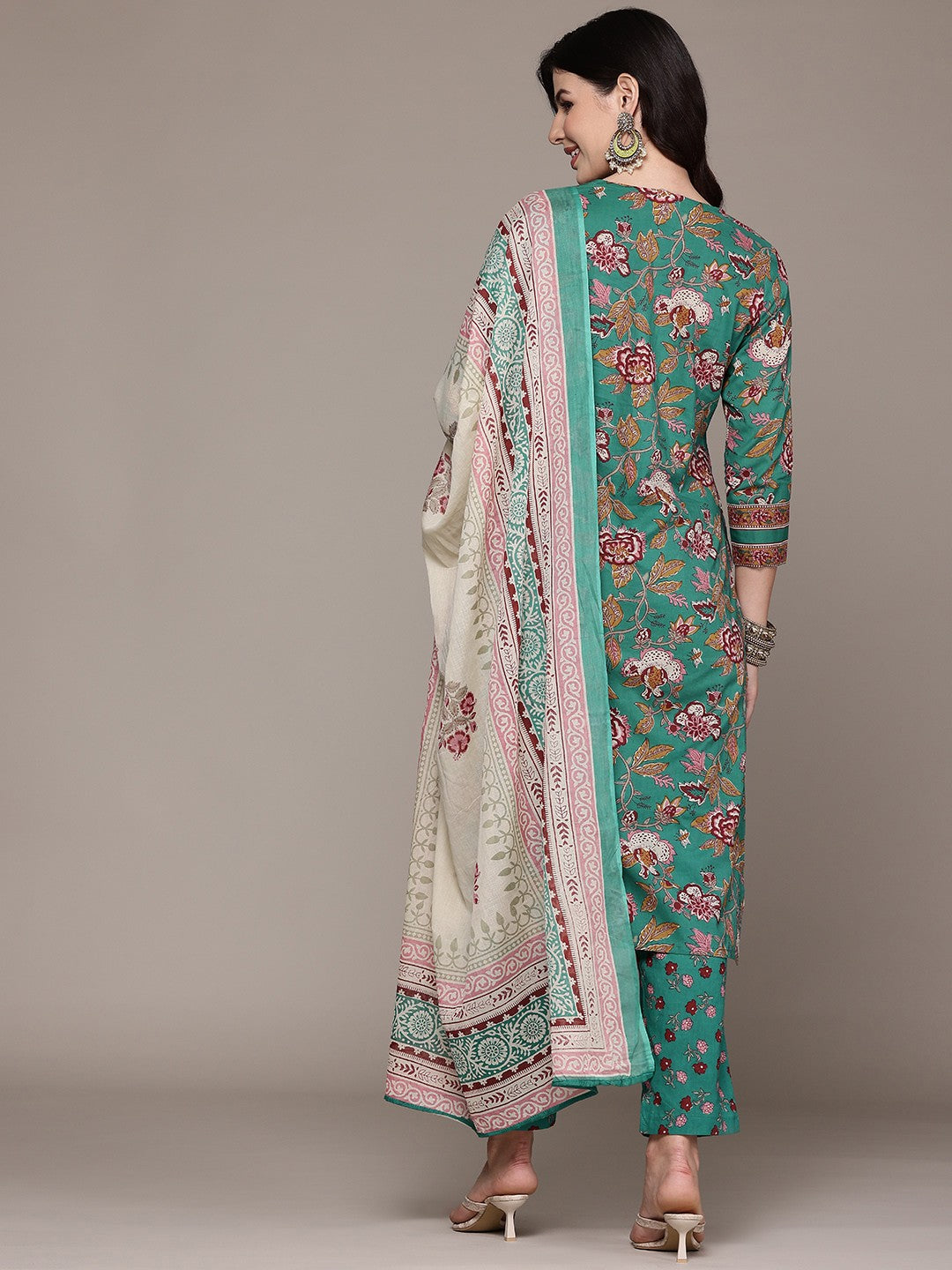 Straight Style Cotton Fabric Sea Green Color Kurta And Bottom With Dupatta