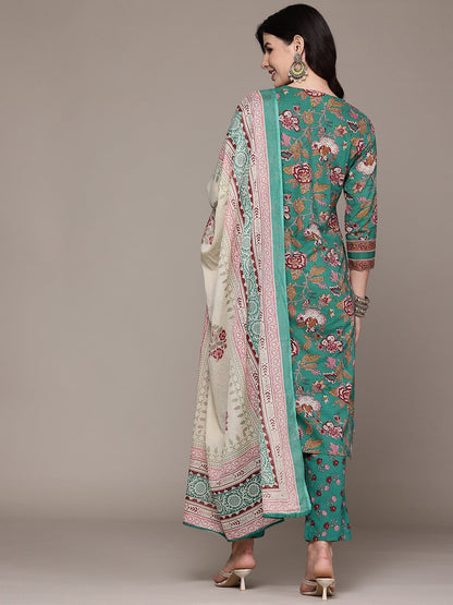 Straight Style Cotton Fabric Sea Green Color Kurta And Bottom With Dupatta