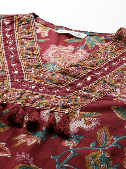 Straight Style Cotton Fabric Maroon Color Kurta And Bottom With Dupatta