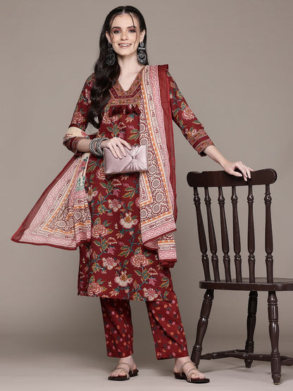 Straight Style Cotton Fabric Maroon Color Kurta And Bottom With Dupatta