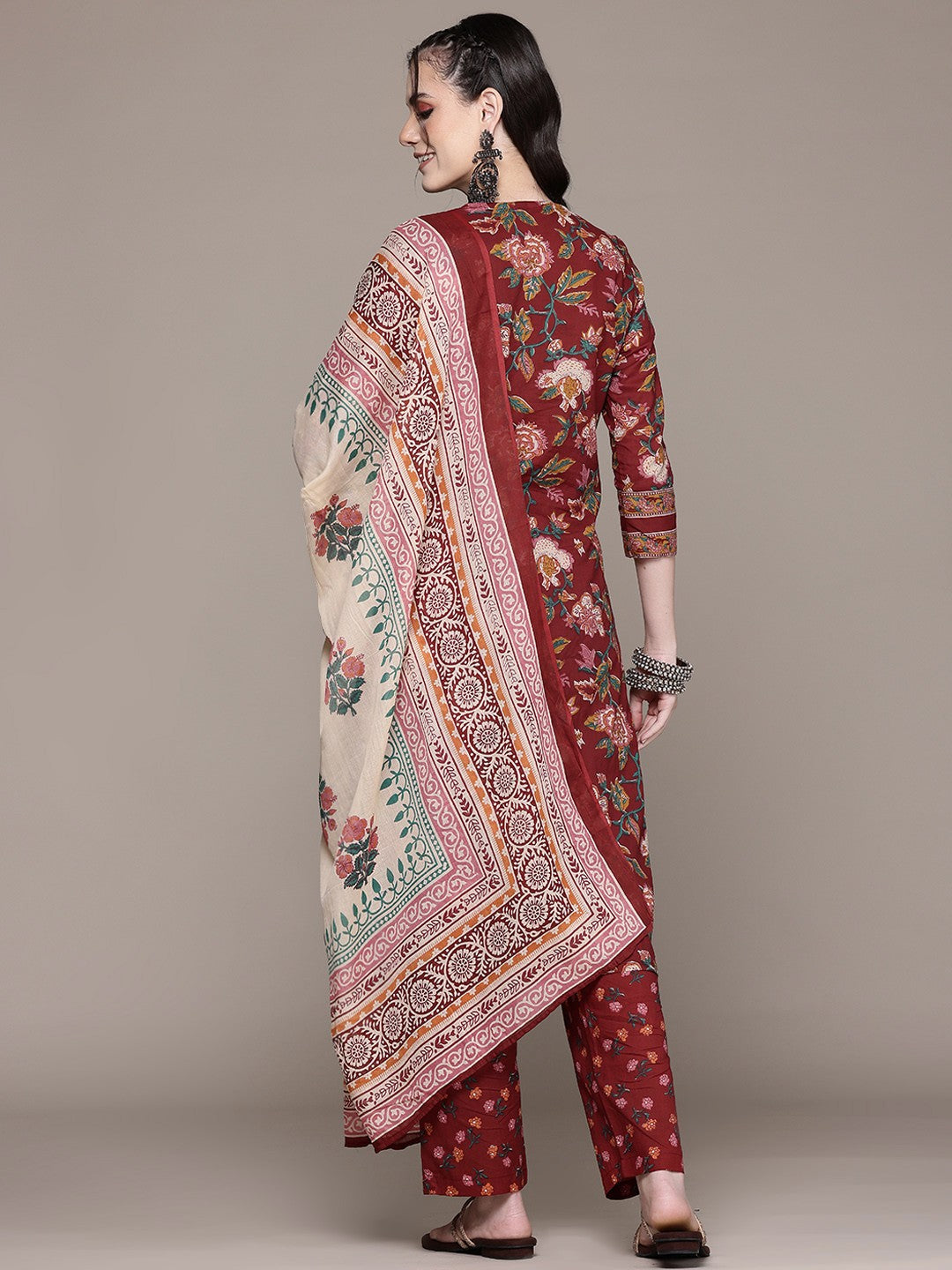Straight Style Cotton Fabric Maroon Color Kurta And Bottom With Dupatta
