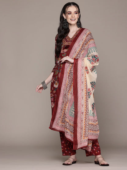 Straight Style Cotton Fabric Maroon Color Kurta And Bottom With Dupatta