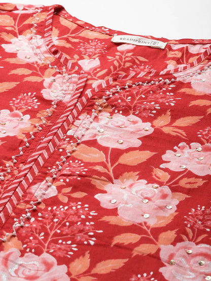 Straight Style Cotton Fabric Red Color Kurta And Bottom With Dupatta