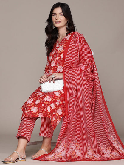 Straight Style Cotton Fabric Red Color Kurta And Bottom With Dupatta