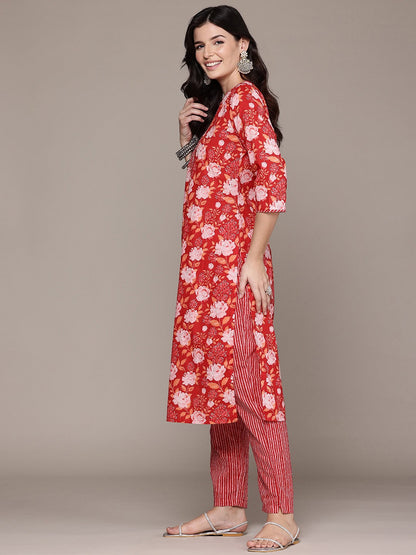 Straight Style Cotton Fabric Red Color Kurta And Bottom With Dupatta