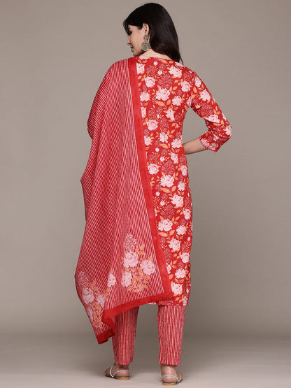 Straight Style Cotton Fabric Red Color Kurta And Bottom With Dupatta