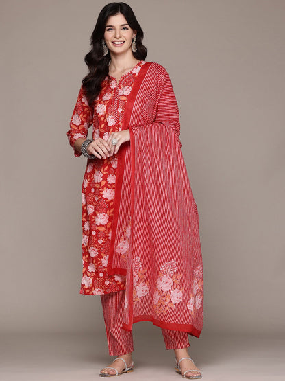 Straight Style Cotton Fabric Red Color Kurta And Bottom With Dupatta