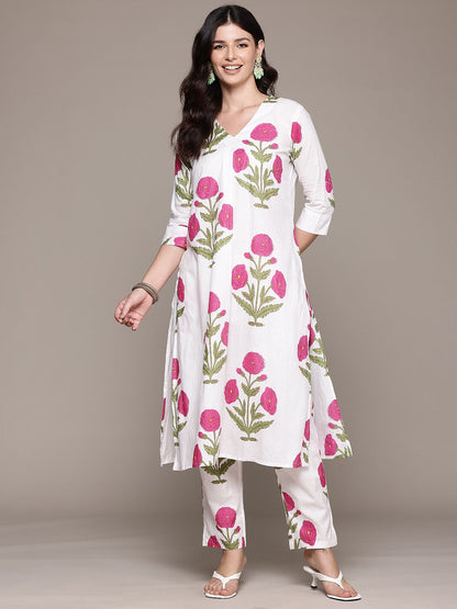 Straight Style Cotton Fabric White Color Kurta And Bottom