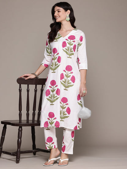 Straight Style Cotton Fabric White Color Kurta And Bottom