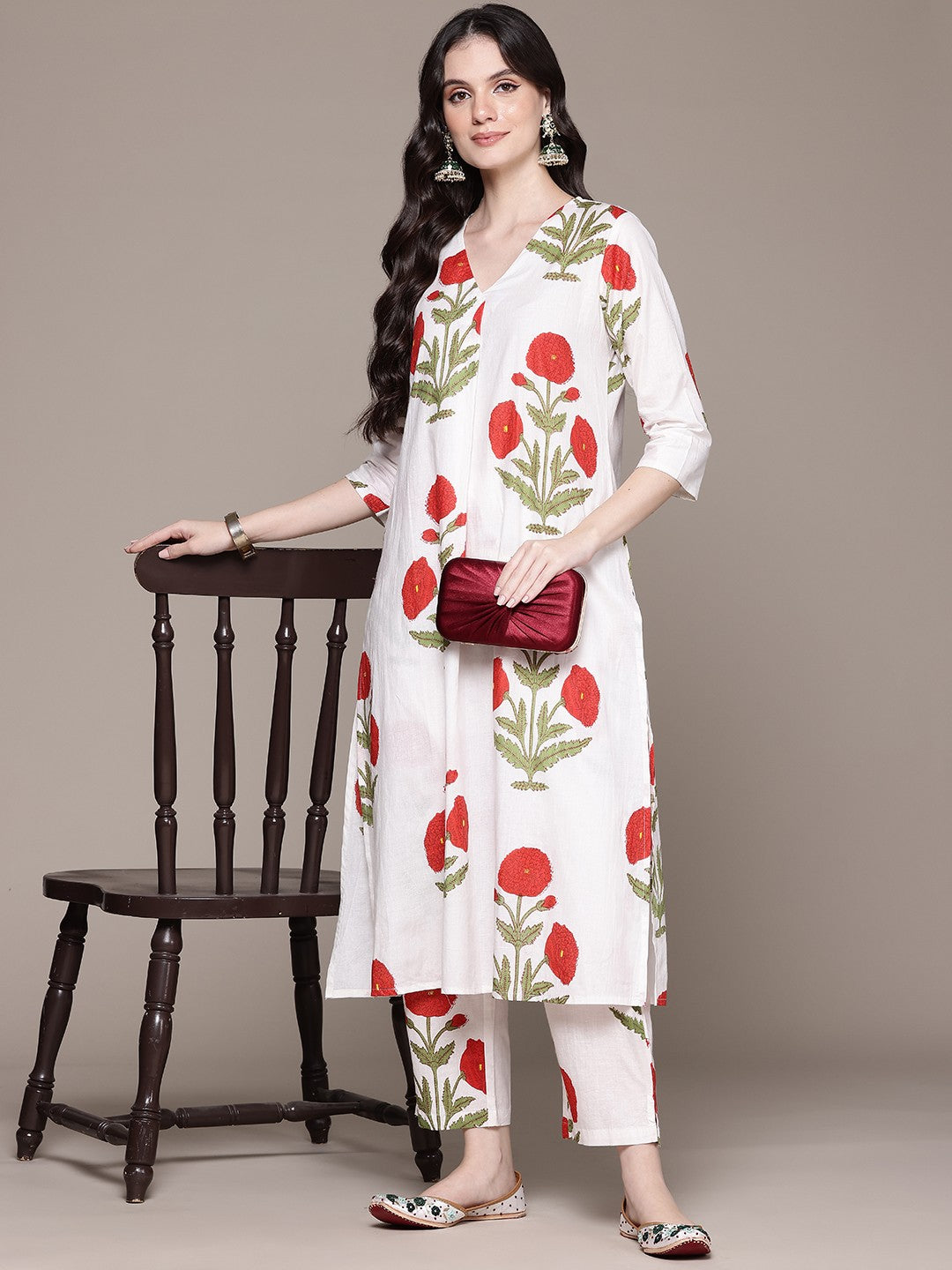 Straight Style Cotton Fabric White Color Kurta And Bottom