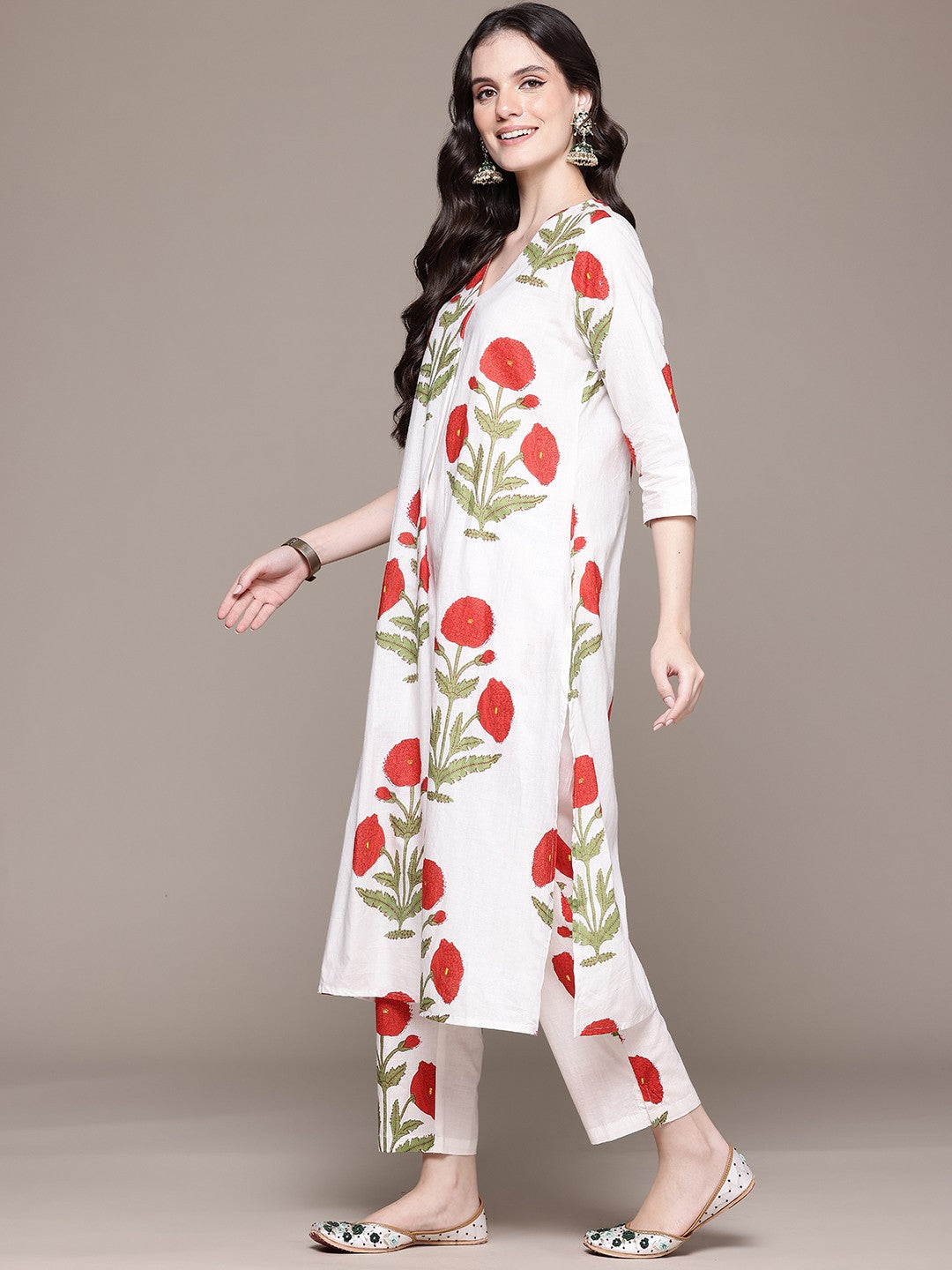 Straight Style Cotton Fabric White Color Kurta And Bottom