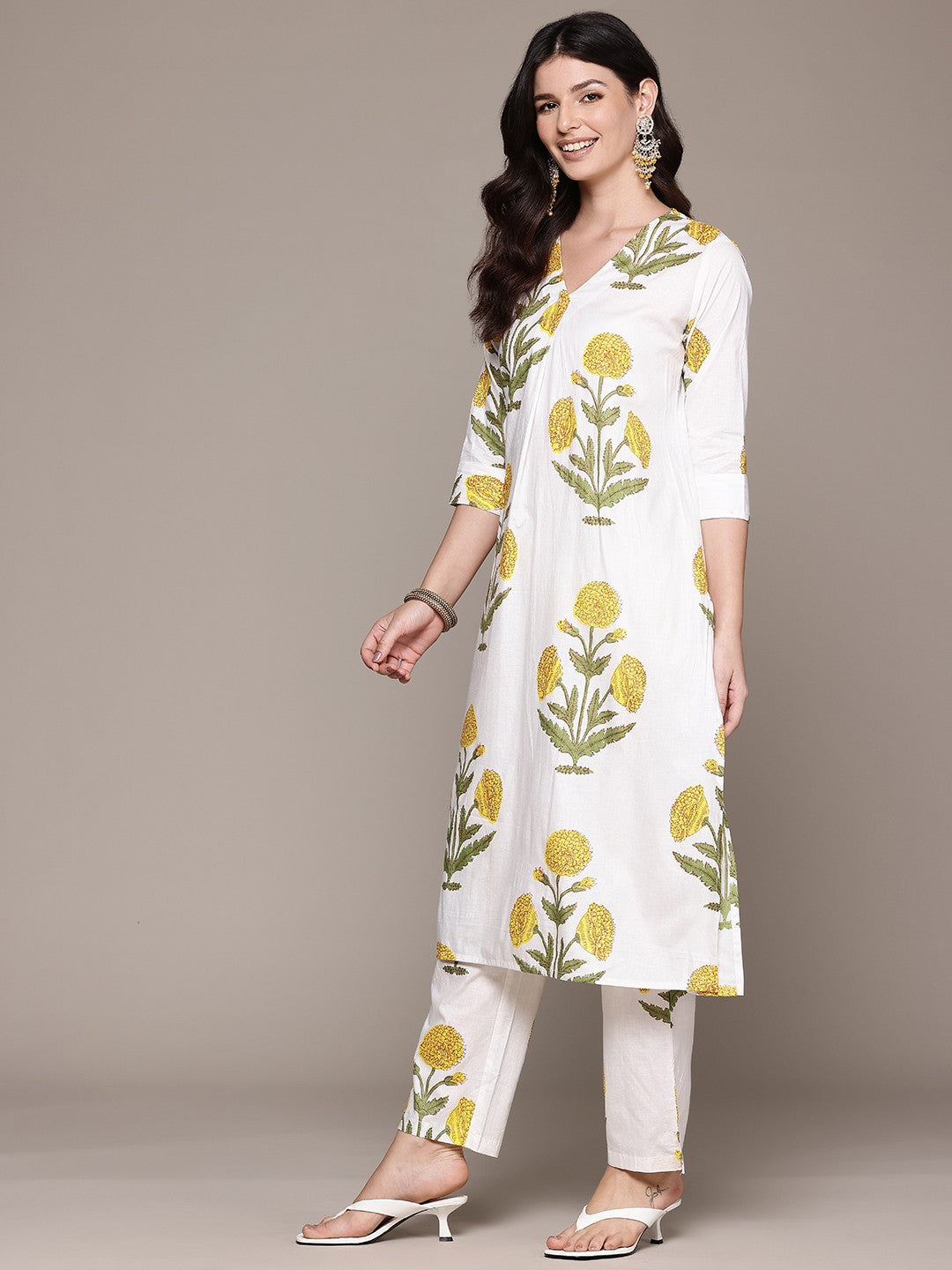 Straight Style Cotton Fabric White Color Kurta And Bottom