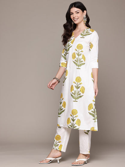 Straight Style Cotton Fabric White Color Kurta And Bottom