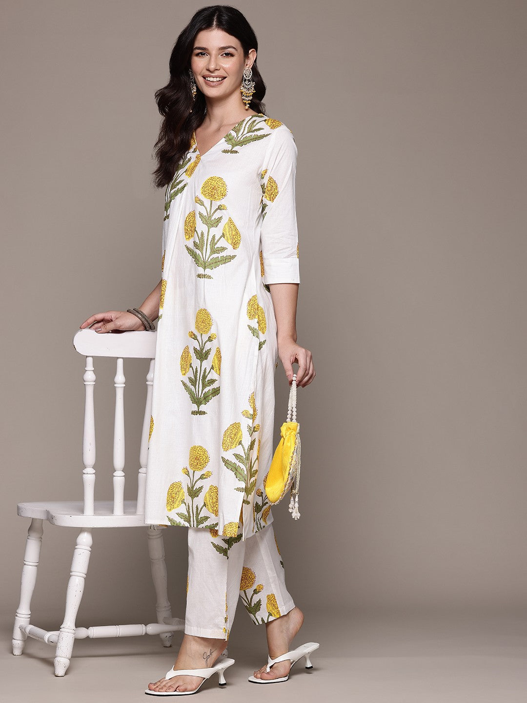 Straight Style Cotton Fabric White Color Kurta And Bottom