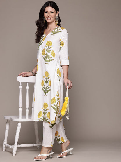 Straight Style Cotton Fabric White Color Kurta And Bottom