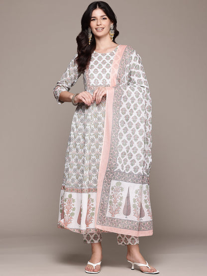 Anarkali Style Cotton Fabric Off White Color Kurta And Bottom With Dupatta