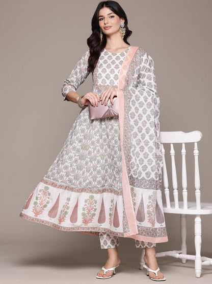 Anarkali Style Cotton Fabric Off White Color Kurta And Bottom With Dupatta