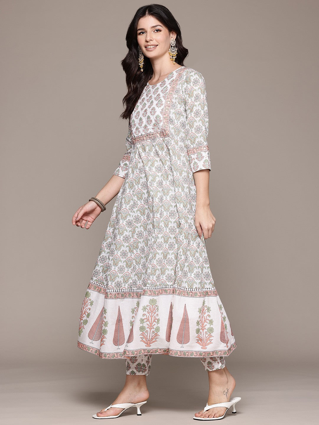 Anarkali Style Cotton Fabric Off White Color Kurta And Bottom With Dupatta
