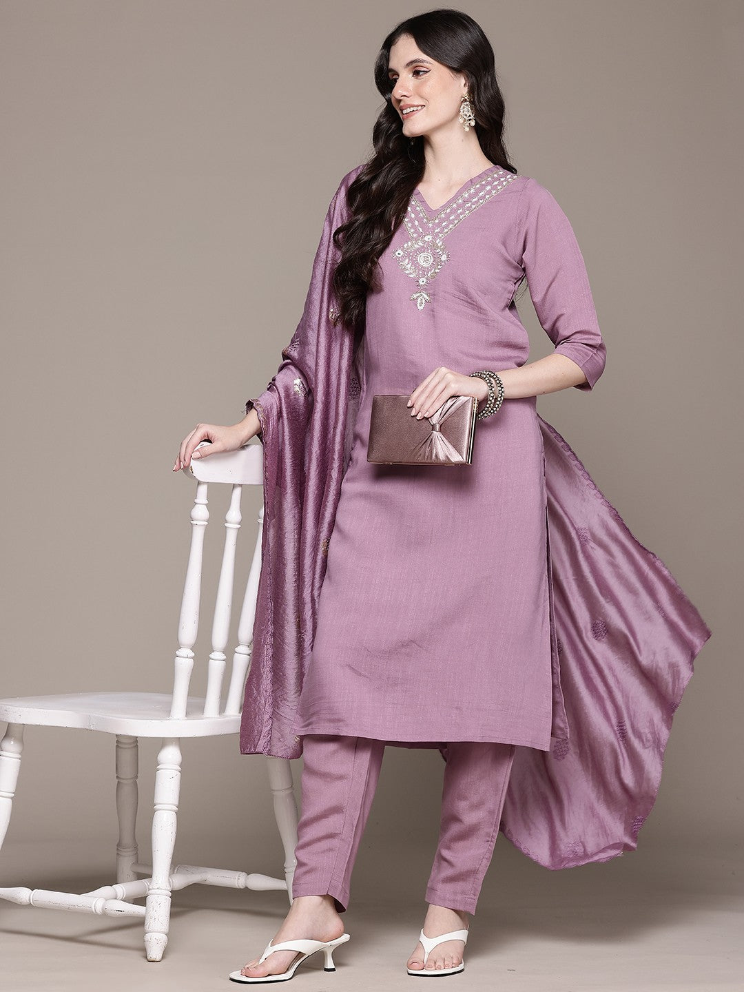 Straight Style Viscose Fabric Mauve Color Kurta And Bottom With Dupatta