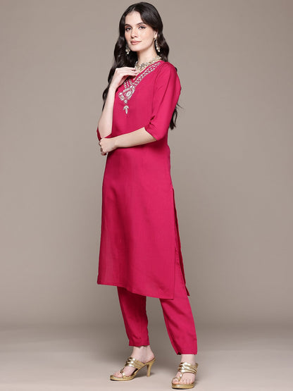 Straight Style Viscose Fabric Magenta Color Kurta And Bottom With Dupatta