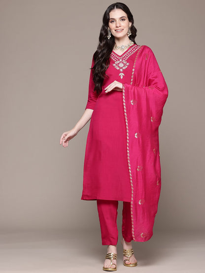 Straight Style Viscose Fabric Magenta Color Kurta And Bottom With Dupatta