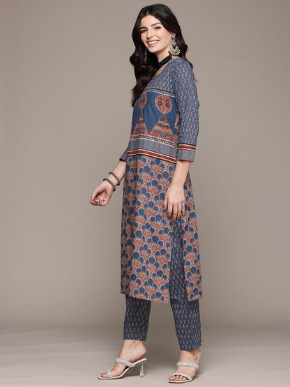 Straight Style Cotton Fabric Blue Color Kurta And Bottom