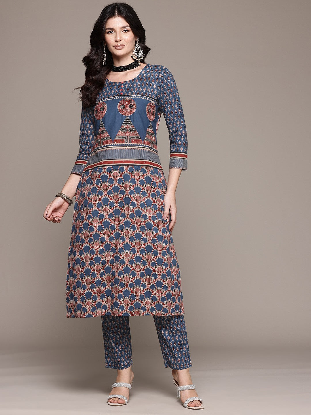 Straight Style Cotton Fabric Blue Color Kurta And Bottom