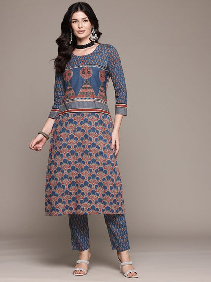 Straight Style Cotton Fabric Blue Color Kurta And Bottom